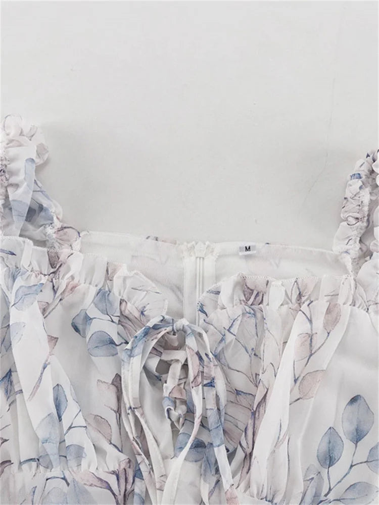 LIZAKOSHT  -  Ruffled Printed Lace-Up Mini Dress Female Square Collar Patchwork Elegant Contrast Party Dress Clothes Women Bodycon Dress