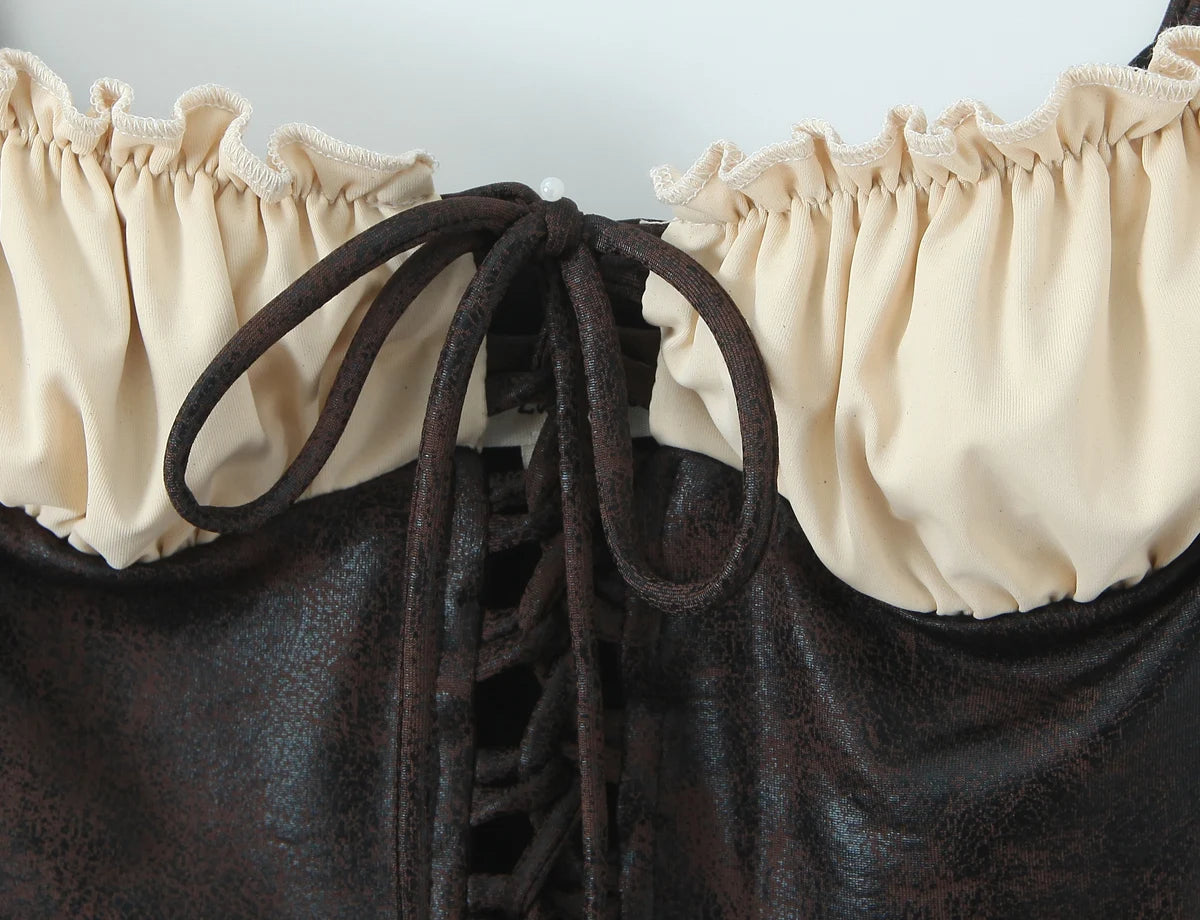 LIZAKOSHT  -  Sexy Brown Patchwork Wood ears Bra Corset Camis Women Cross Lacing up Bandage Bow Front Crop Top Camisoles Bra Tank Vest
