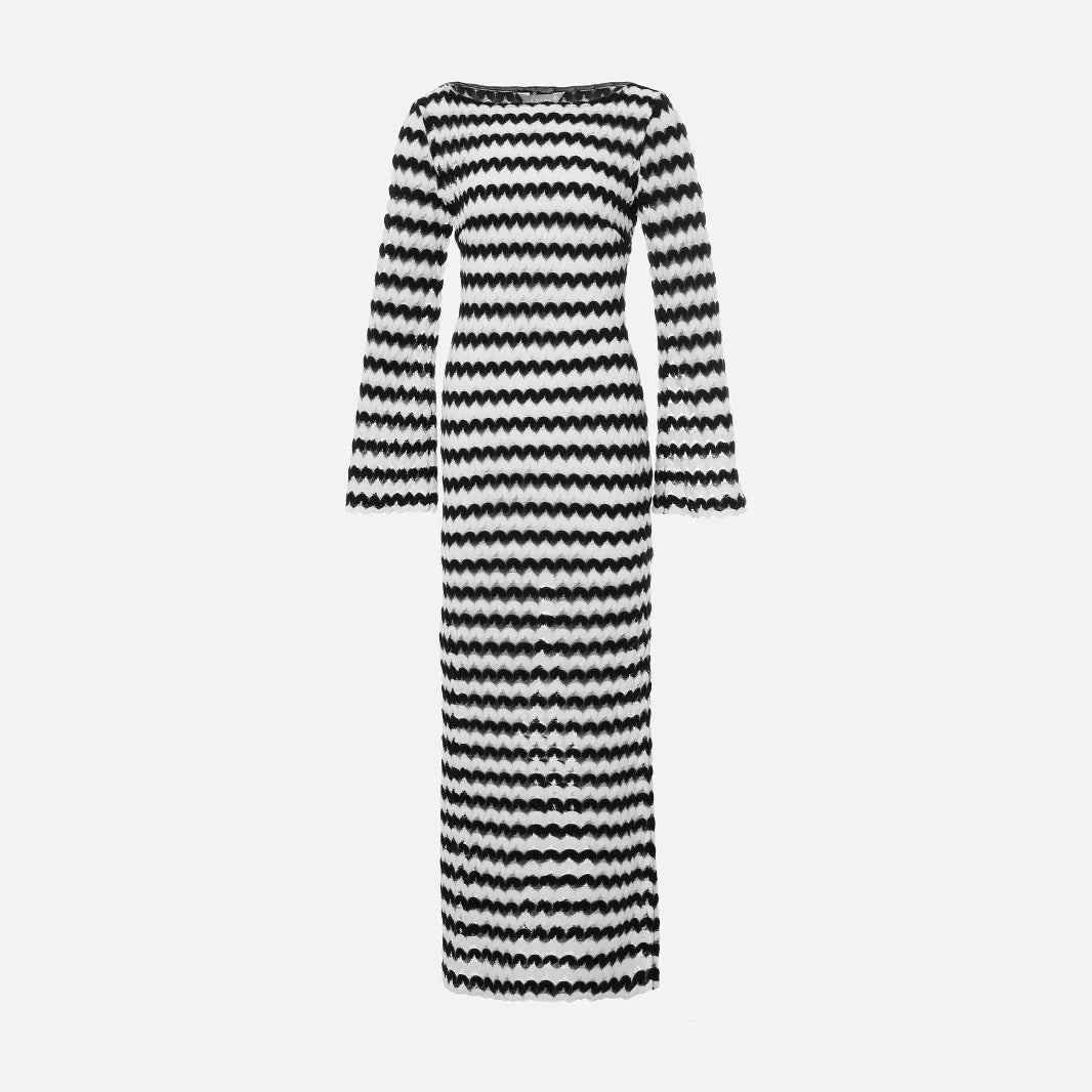 LIZAKOSHT  -  2026 Women's New One-word Neck Split Skirt Slim-fitting Striped Long-sleeved Knitted Dress Women