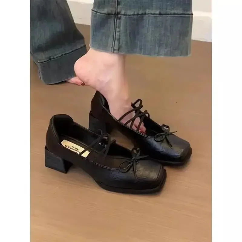 LIZAKOSHT  -  Mary Jane Flat Heels Retro Style Women's Shoes Spring Autumn Sweet Cool Butterfly Knot High Heels Comfortable Rubber