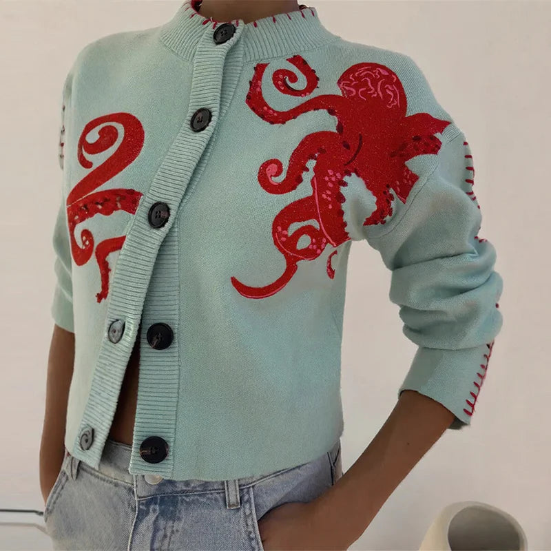 LIZAKOSHT  -  O-Neck Single Breasted Octopus Cardigan Woman Long Sleeve Loose Stitch Short Knit Jackets Casual Versatile Women's New Cardigans