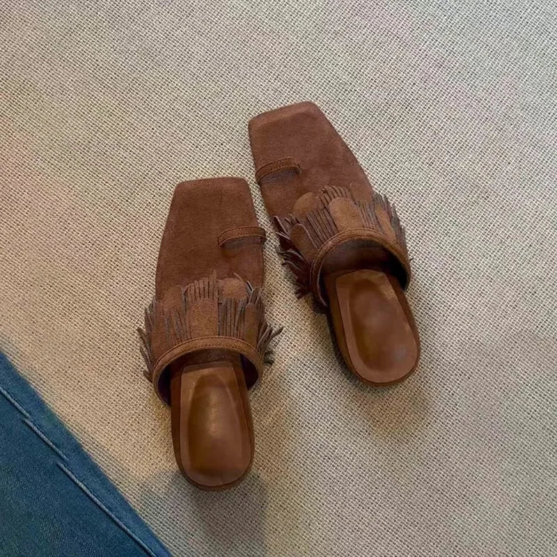 LIZAKOSHT  -  Fringe Brown Flip Flops Slippers Square Heels Peep Toe Suede Genuine Leather Sandals Summer Women's Vocation Fashion Shoes