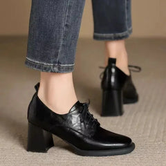 LIZAKOSHT  -  Women Square Toe Oxford Shoes Chunky Block High Heels Lace Up Leather Pumps Retro British Style Office Ladies Dress Shoes