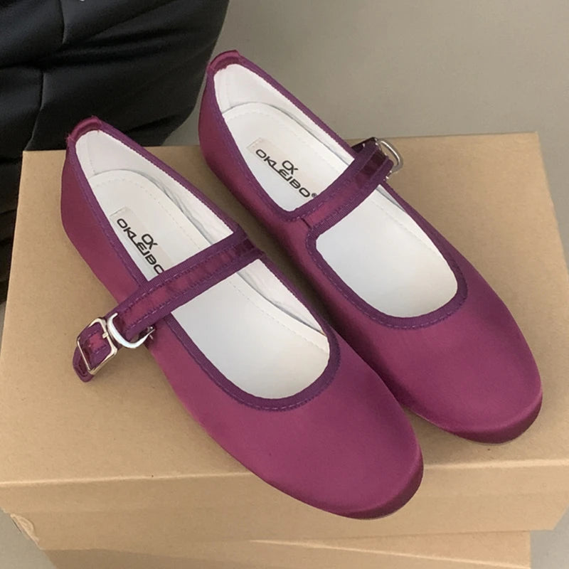 LIZAKOSHT  -  Comfort Satin Soft Sole Ladies Mary Jane Shoes Fashion Round Toe Shallow Women Flats Elegant Buckle Prom Designer Ballet Shoes