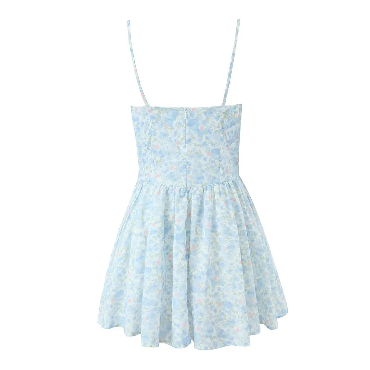 LIZAKOSHT  -  Women Ruched Hem Backless Party Skater Short Sling Robe Sexy Blue Flower Print Bra Corset style Spaghetti Strap Mini Dress