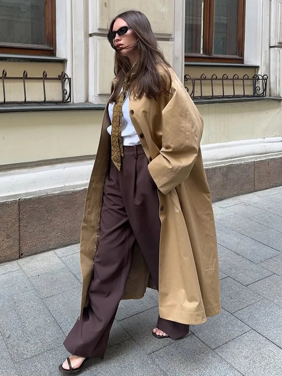 LIZAKOSHT  -  Elegant Cotton Trench Coats for Women 2025 Autumn Turn-down Collar Single Breasted Long Outerwears Ladies Windbreaker