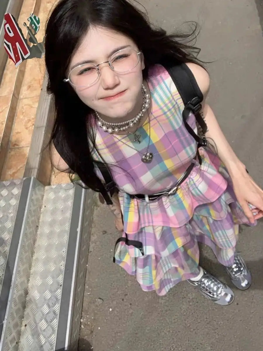 LIZAKOSHT  -  Plaid Dress Rainbow Summer Japanese Kawaii Women Casual Sleeveless Even Party Y2k Korean Fashion Lolita Style Vintage Cake Dress