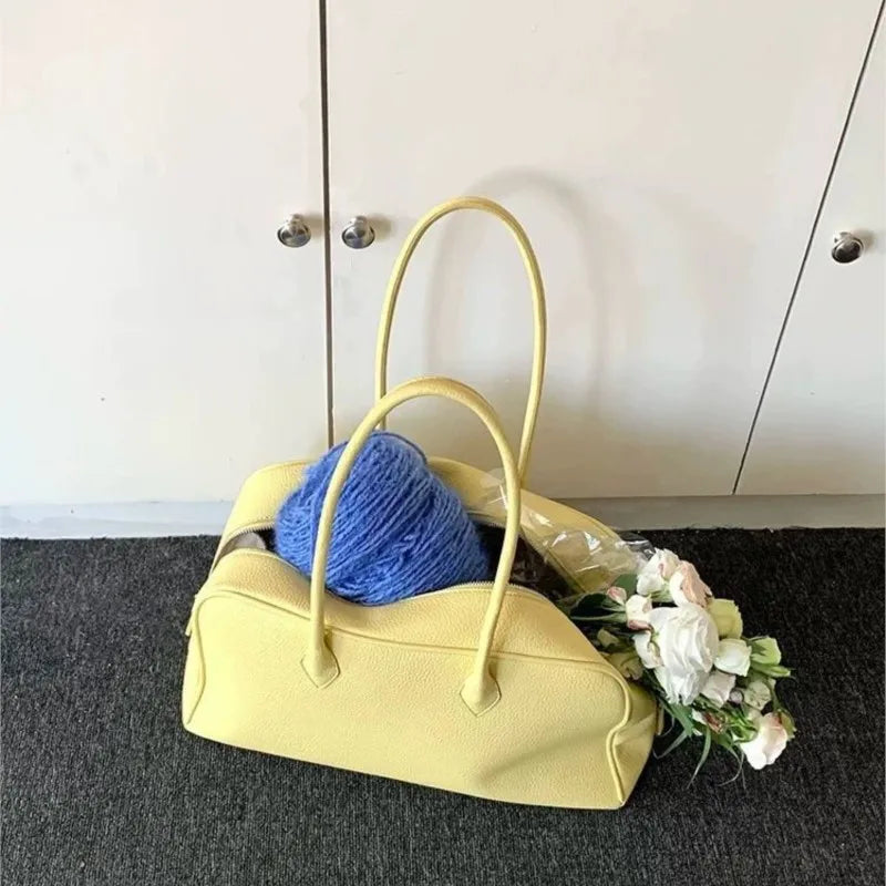 LIZAKOSHT  -  Korean Cute Lychee Pattern Yellow Handbag Women Leather Minimalist Large Capacity Shoulder Bags Ladies Fashion Casual Boston Bag