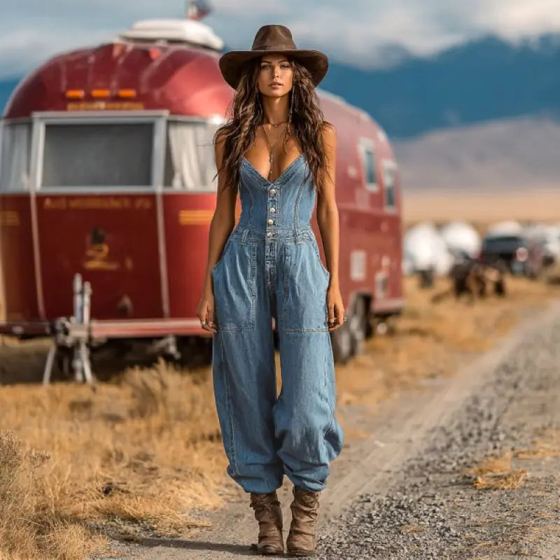 LIZAKOSHT  -  Western Cowboy Denim Jumpsuit for Women, Casual Outdoor Overalls Trousers with Pockets, Plus Size Available
