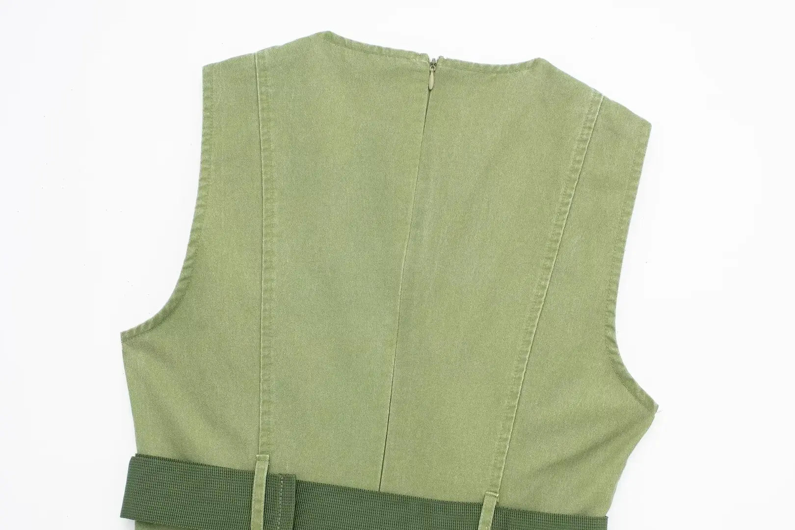 LIZAKOSHT  -  Europe and America Wind Spring New Round Neck Leisure Green Fashion with Belt Sleeveless Tooling Vest Skirt Dress