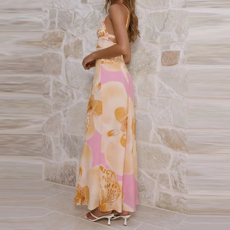 LIZAKOSHT  -  Women's sexy V-neck sleeveless long dress with printed summer fashion beach dress Bohemian casual backless dress