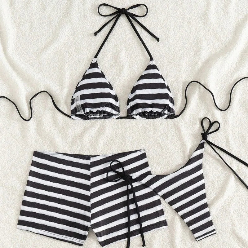 LIZAKOSHT  -  New Shorts Three-Piece Black White Striped Bikini Set Women Summer Swimming Wading Sports Sexy Backless Lace Up Style Swimwear