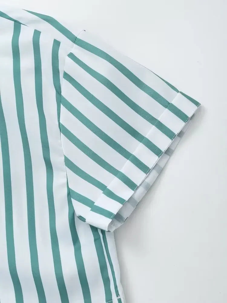 LIZAKOSHT  -  Women's Striped Shirt Trousers Suit Lapel Short-sleeved Top Side Striped Elastic Waist Pants Spring Summer New Chic Suit