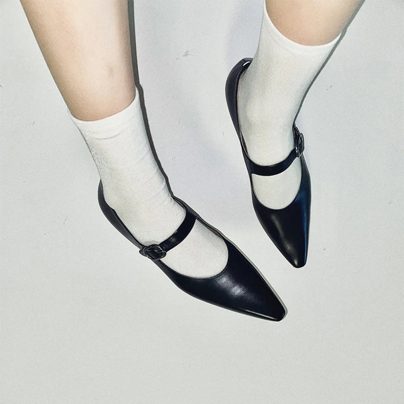 LIZAKOSHT  -  Mary Jane Shoes Black French Style Leather Shoes Women's Summer Chunky Heel Pointed-Toe Shoes Flat Ankle-Strap Buckle New