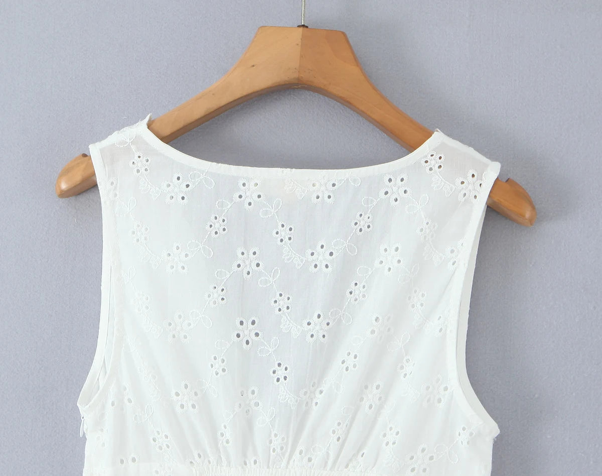 LIZAKOSHT  -  French Style Mini Dresse Hollow Out Women Summer White 100% Cotton V-neck Sexy Party Vocation Casual Ladies Dress Vestidos New