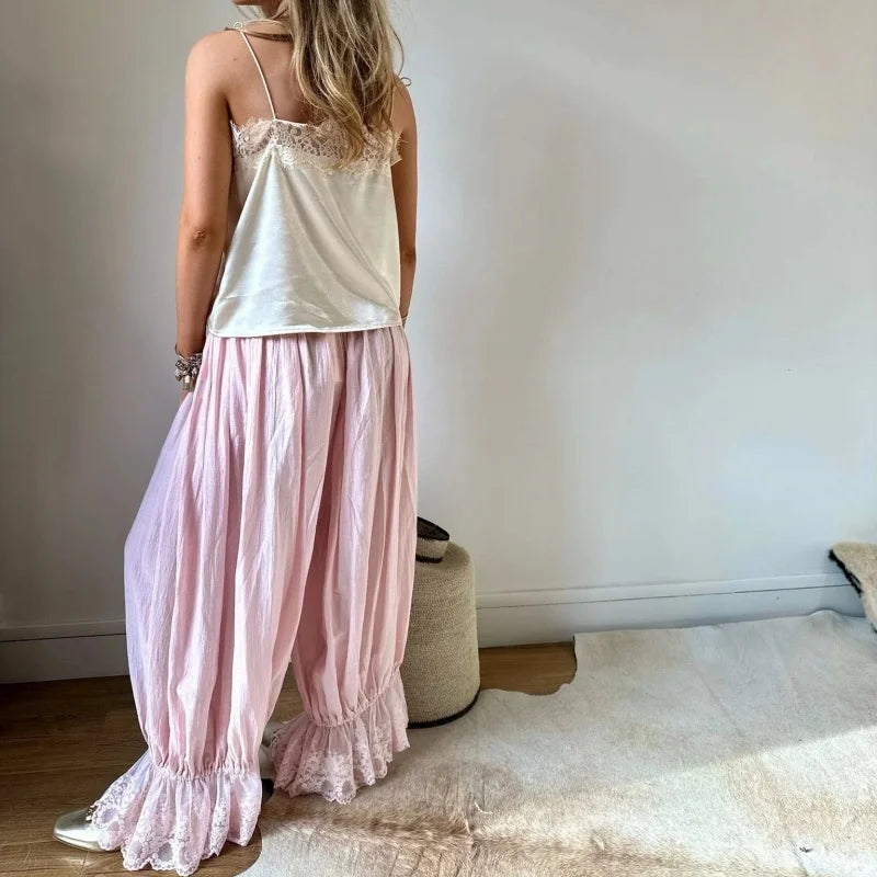 LIZAKOSHT  -  Coquette Aesthetic Bloomer Pants Women Sexy Lace Trim Ruffle Harem Pants Cute Balletcore Drawstring Loose Wide Leg Trousers