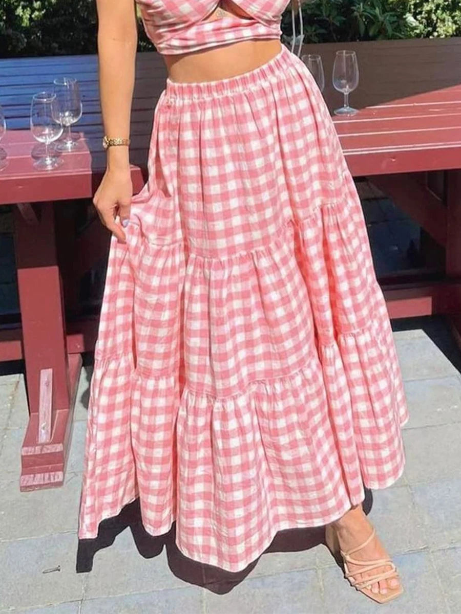 LIZAKOSHT  -  Maxi Gingham Skirt Vintage Tiered Ruff Patchwork Plaid Long Skirt Women Japanese Grunge Fairyore High Waist A-line Swing Skirts