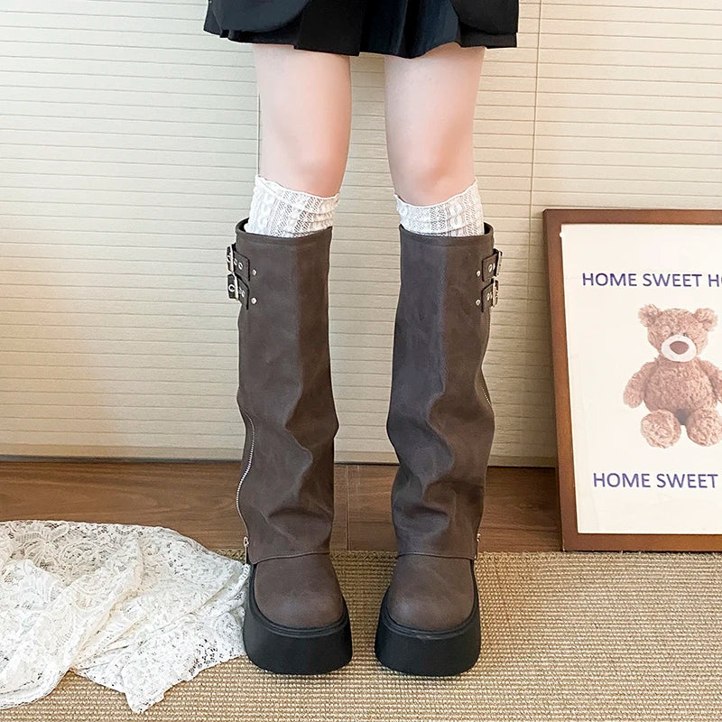 LIZAKOSHT  -  Chunky Style Women Knight High Boots Designer Belt Buckle Platform Heel Shoes Autumn Winter Thick Sole Ladies Long Booties