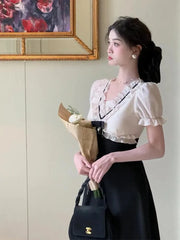 LIZAKOSHT  -  Women Elegant V-neck High Waist Patchwork Midi Dress Female Puff Sleeve Ruffle France Dress Female Holiday Beach Dress