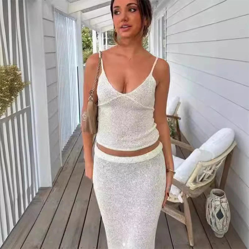 LIZAKOSHT  -  Sexy Glitter Knitted Slings Long Skirt Set Lady Casual Solid V-neck Tops Shiny Slim High Waist Skirts Sets Women Summer Beach