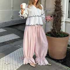 LIZAKOSHT  -  Coquette Aesthetic Bloomer Pants Women Sexy Lace Trim Ruffle Harem Pants Cute Balletcore Drawstring Loose Wide Leg Trousers