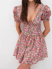LIZAKOSHT  -  Retro Women Floral Print Summer Mini Dress Short Puff Sleeve Deep V Neck Backless Tie Up Party Dress Female Vestidos