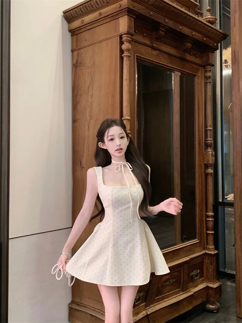 LIZAKOSHT  -  Original High Quality French Polka Dot Strap Dress Women's Summer Sexy Slimming Short Skirt Mini Dress Square Collar Sleeveless