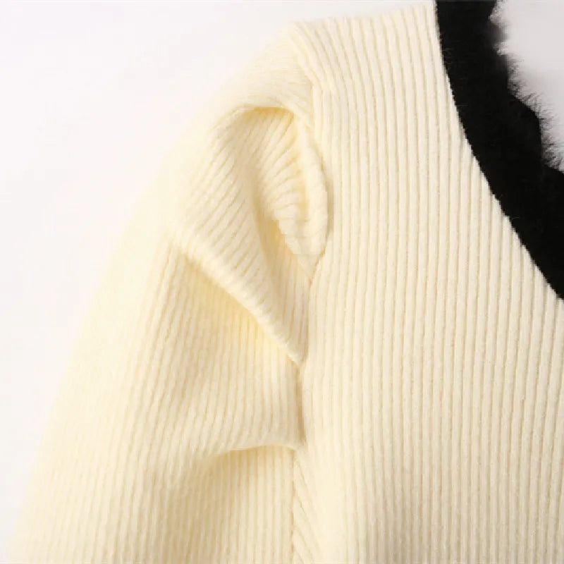 LIZAKOSHT  -  Woman Full Puff Sleeve Sweater Pearl Buttons Knitwear Jumper Autumn Beige Black Color Edged Line Knitted Cardigan