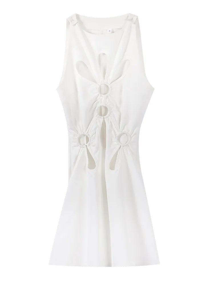 LIZAKOSHT  -  Hollow Out Sleeveless Dress Women Sexy Temperament Waist Cinching Slimming Elastic Summer Round Neck Hip Hugging Short Dress