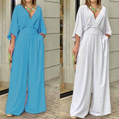 LIZAKOSHT  -  Elegant Deep V Neck Fashion Women Jumpsuit Bat Sleeves High Waist Wide-leg Loose Commuting Party Club Romper 2025
