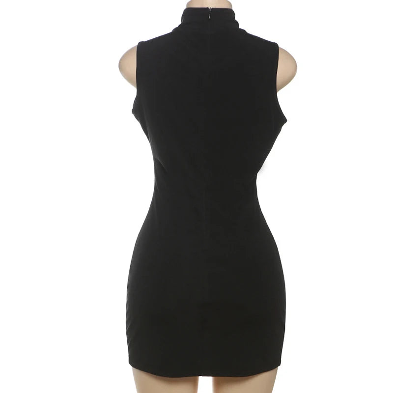 LIZAKOSHT  -  Fashion Metal Decoration Hollow Out Skinny Short Dress High Street Women Slim Sleeveless Stand Collar High Waisted Vestidos