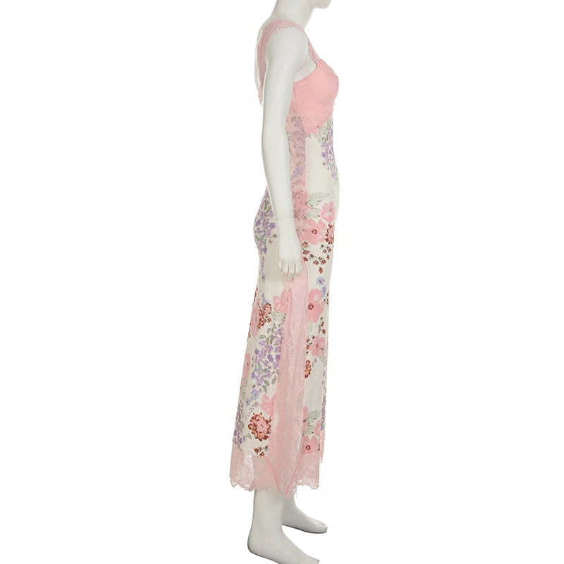 LIZAKOSHT  -  Floral Print Lace Patchwork Dresses Sexy Hollow Out Slits Party Dress Summer Chic Harajuku Vacation Long Outfits