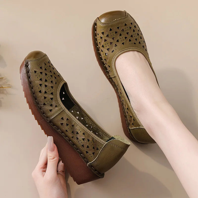 LIZAKOSHT  -  Women's Summer Real Leather Wedge Red Flats Cut out Loafers Vintage Breathable Slip-On Shoes Luxury Hollow Moccasin Female
﻿