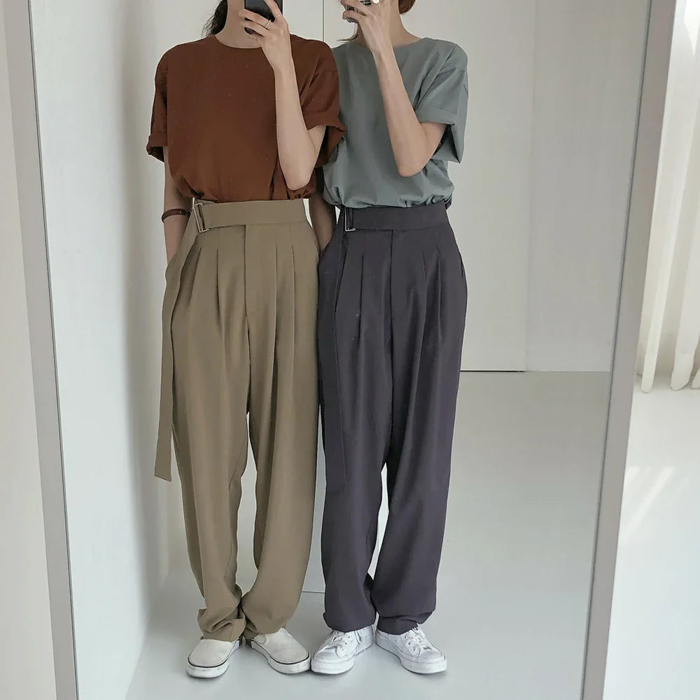 LIZAKOSHT -  Autumn Winter Women Korean Casual High Waist Wide Leg Loose Solid Long Pants with Sashes Office Ladies Suit Pants Streetwear New