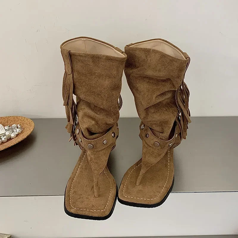 LIZAKOSHT  -  Fashion Vintage Comfortable Low Heels Tassel Rivet Square Clip Toe Women Ankle Boots Sandals Casual Banquet Shoes