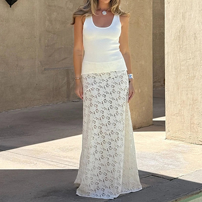 LIZAKOSHT  -  Elegant Women Lace White High Waist Party Long Dress See Through Summer Beachwear Party Ladies Maxi Vestidos