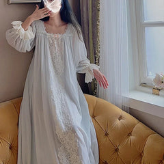 LIZAKOSHT  -  Women Loose Pure Cotton Nightgown Spring Autumn Sweet Nighty Fairy Lace Long Night Dress Romantic Princess Sleepwear Nightwear