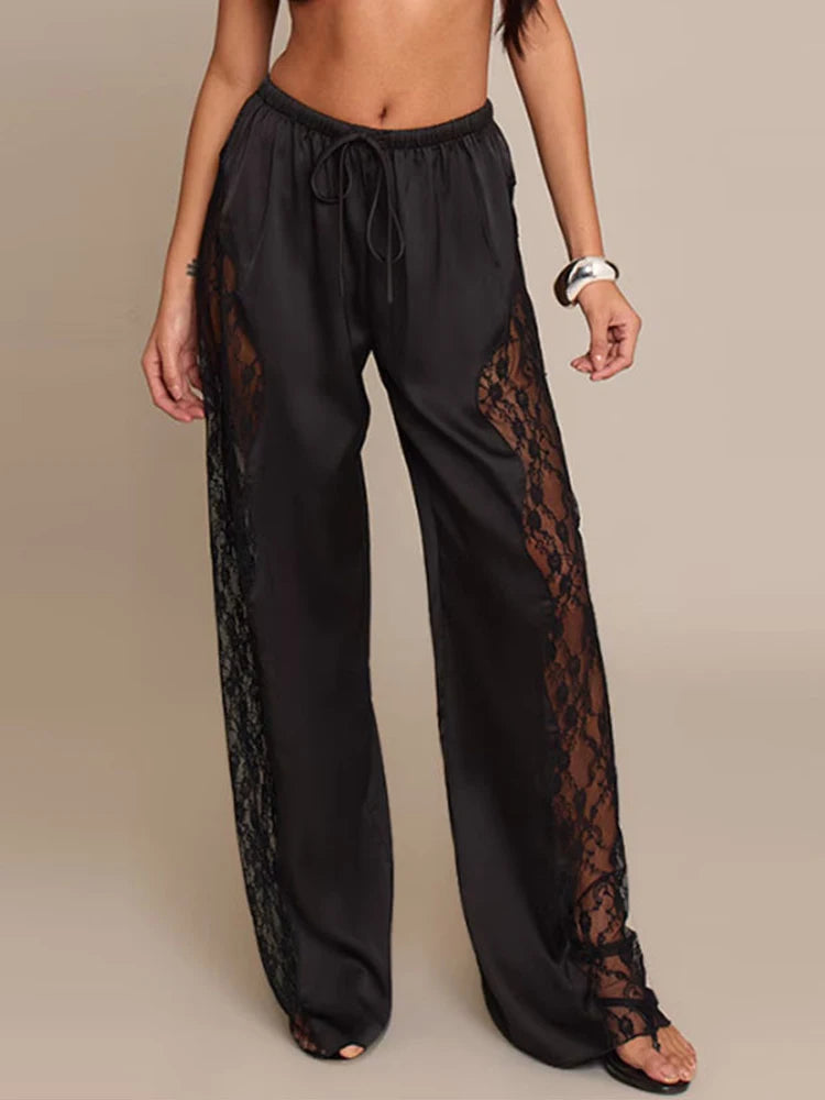 LIZAKOSHT  -  Sexy Satin Pants Women Loose Elastic Waist Lace Up Patchwork Lace See Through Trousers Female Spring Chic Solid Streetwears