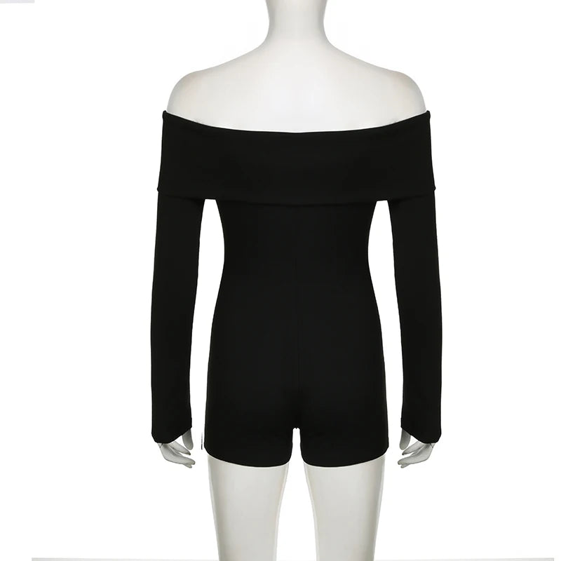 LIZAKOSHT  -  Elegant Fashion Casual Solid Playsuits Slim Slash Neck Long Sleeve Rompers Women Autumn Spring Streetwear Ladies
