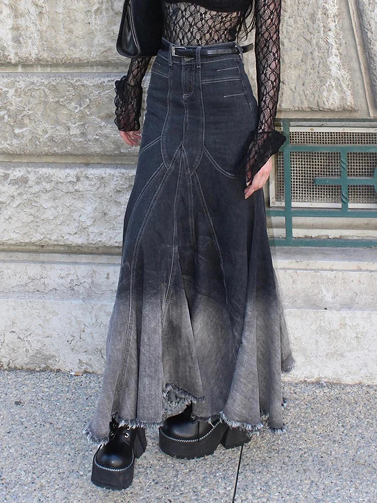 LIZAKOSHT  -  Women's A-line Denim Skirt Vintage 90s Aesthetic Y2k Long Cowboy Skirt Harajuku Korean Emo Jean Skirt 2000s Clothes Summer