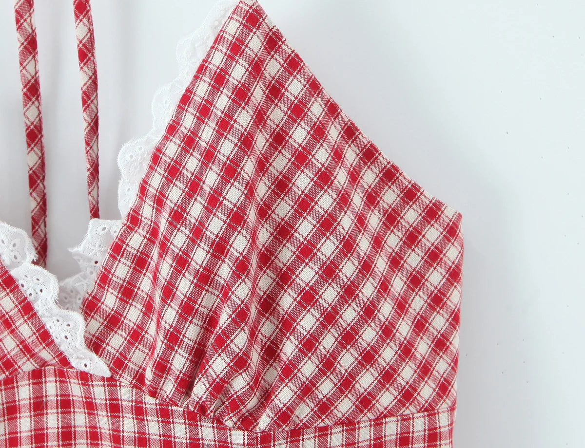 LIZAKOSHT  -  Sexy Red White Plaid Spliced Lace Lacing Up Bow Halter V Collar Mini Dress Women Ruffles Hem A-line Short Dresses Robe Vestidos