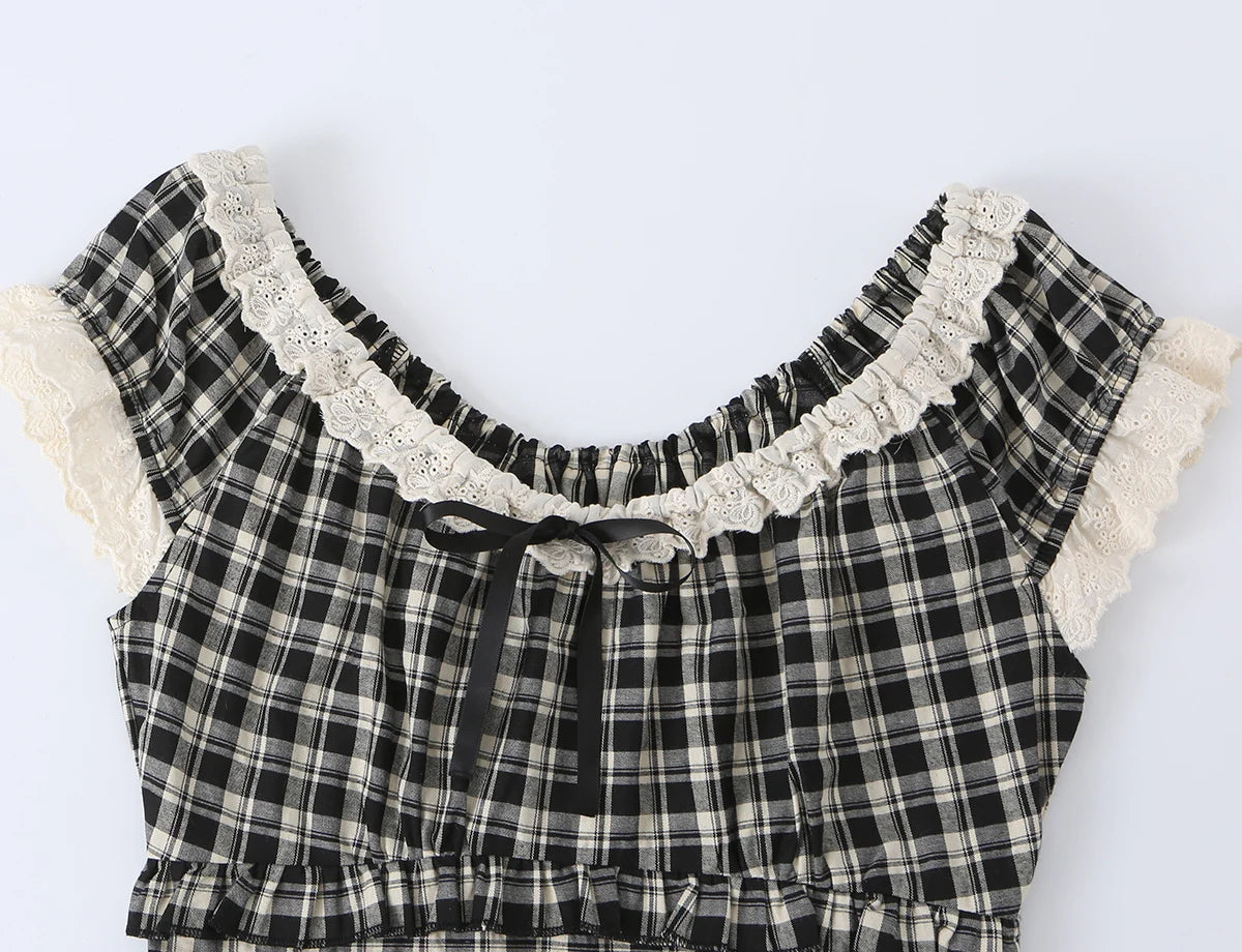 LIZAKOSHT  -  Summer Women Plaid Spliced Lace Bow O Collar Elastic Strap Tank Top Slim Corset Wood ears Slim Waist Elastic Back Crop Vest