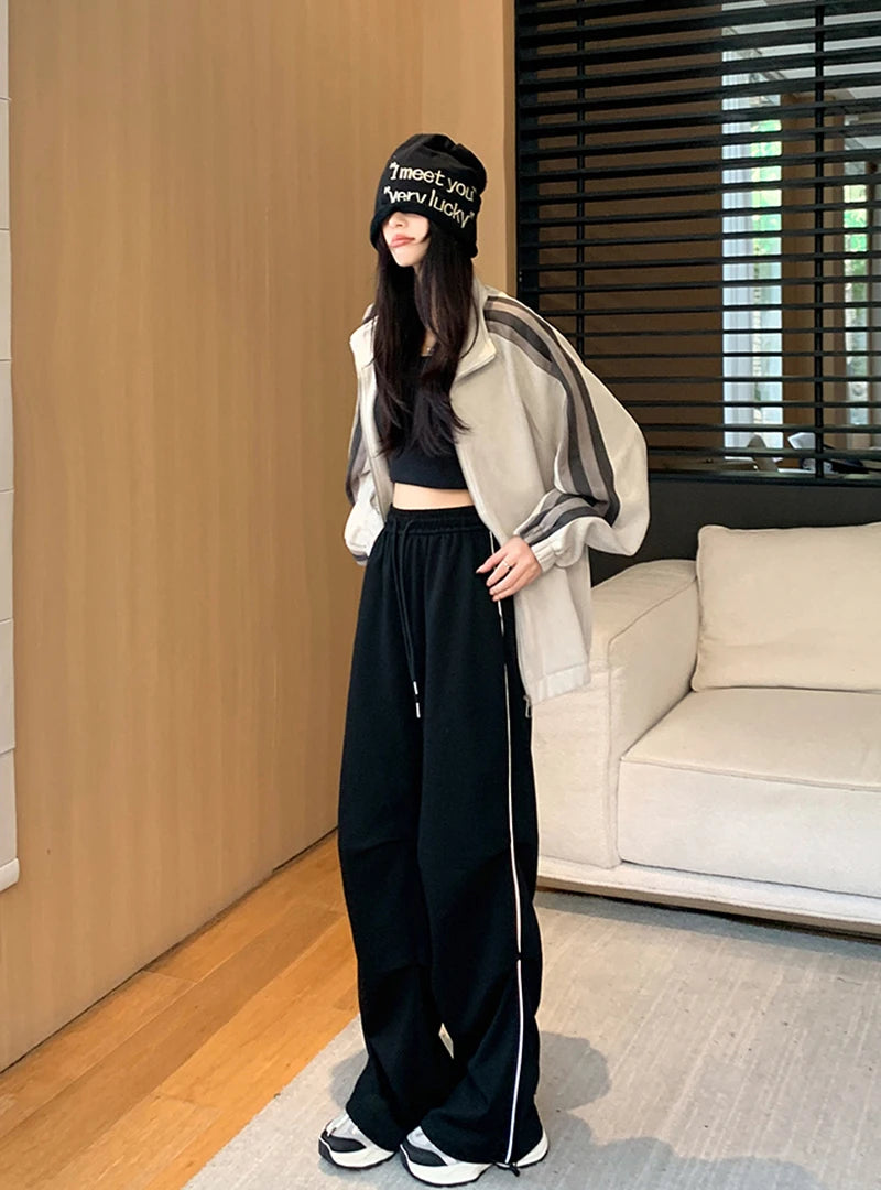LIZAKOSHT  -  American Sweatpants Women  Fall Chic Fashion Casual Wide-Leg Pants Straight Parachute Loose Side Striped Soild Cargo Trousers