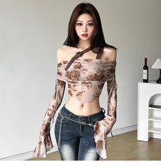 LIZAKOSHT  -  Summer Hot Girl Gothic Harajuku Brown Rose Printed Mesh Lace One Shoulder Long Sleeved T-shirt Fashion Punk Sexy Irregular Top