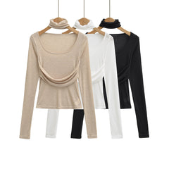 LIZAKOSHT  -  3 color Spring Removable High Collar Long Sleeve T Shirt Women Spliced Ruched Chest Stretch T-shirt Skinny Top Apricot White