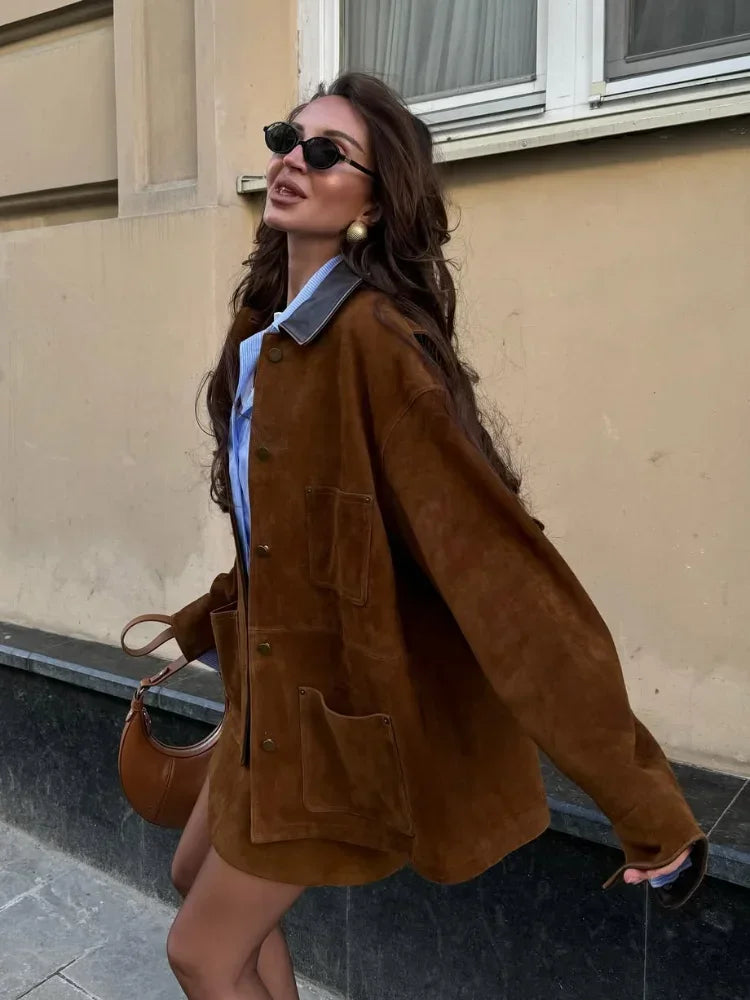 LIZAKOSHT  -  Women Brown Suede Short Jacket Leather Lapel Pockets Single Breasted Outerwear 2025 New Autumn Fashion High Street Lady Jackets