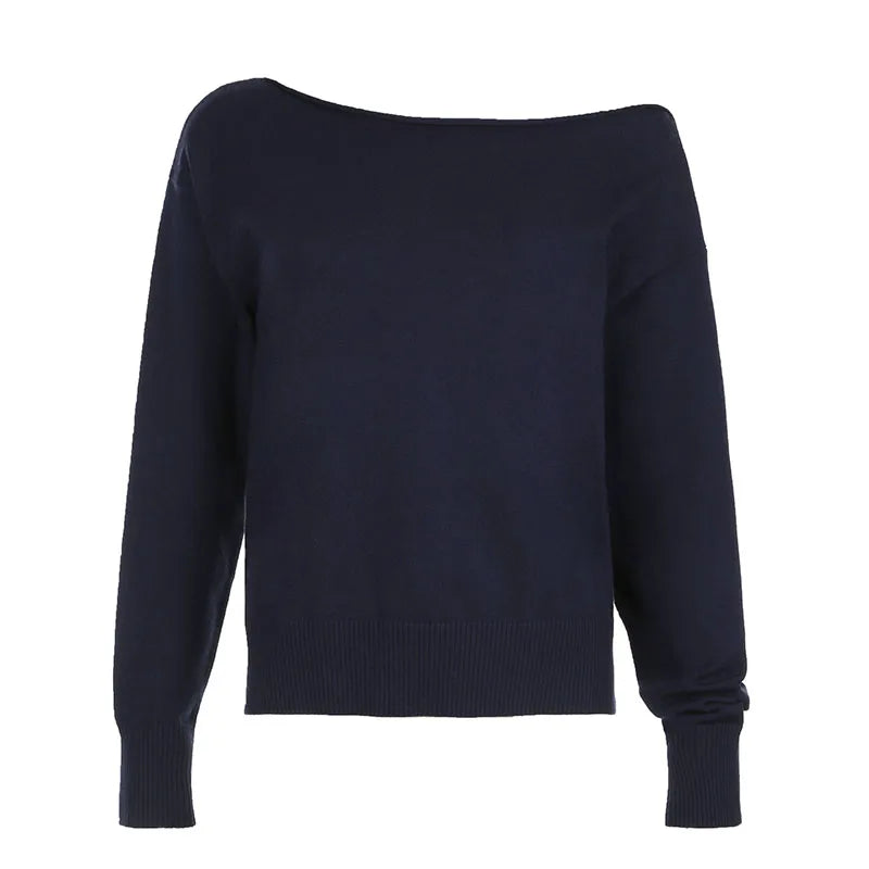 LIZAKOSHT  -  Skew Collar Solid Knit Pullovers Autumn Fashion Casual Loose Sweaters All-match Korean Chic Women's Outfits 90s