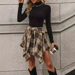 LIZAKOSHT  -  New Women's Nightclub Fashion Irregular Grid Tied Sleeves Fake Shirt Half Skirt