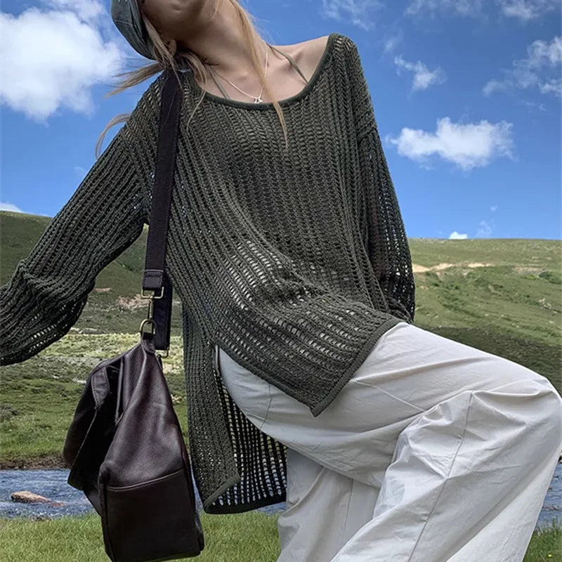 LIZAKOSHT  -  Outer Cover for Women 2024 Spring Summer Thin Long Lazy Air Conditioning Sweater Premium Top Long Sleeve Hollow Knitted Sweater