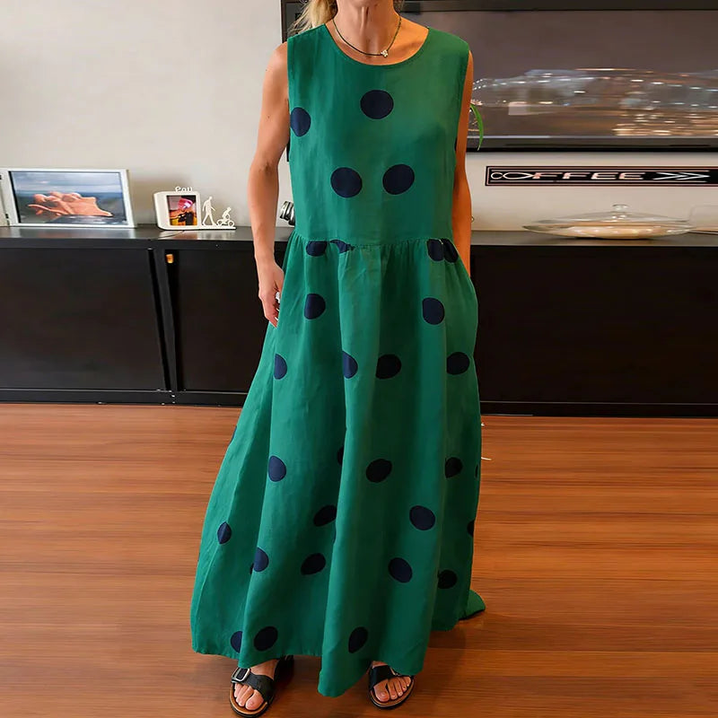 LIZAKOSHT  -  Leisure Crew Collar Sleeveless Polka Dot Printed Dress Summer Fashion Loose Pleated Maxi Dress Elegant High Waist Vacation Dress